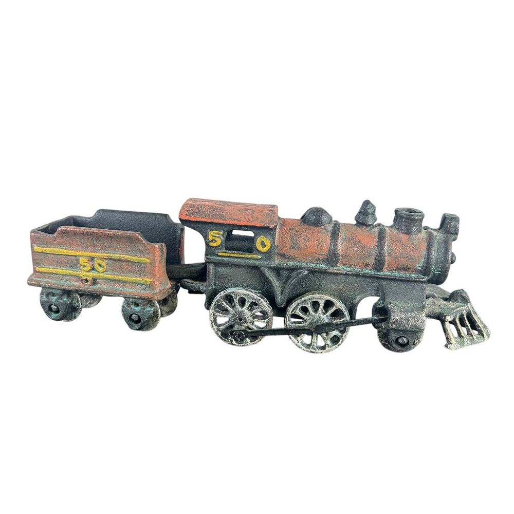Vtg Cast Iron Train Set of 2-Train Engine Car 50  Black Gold -  wheels roll